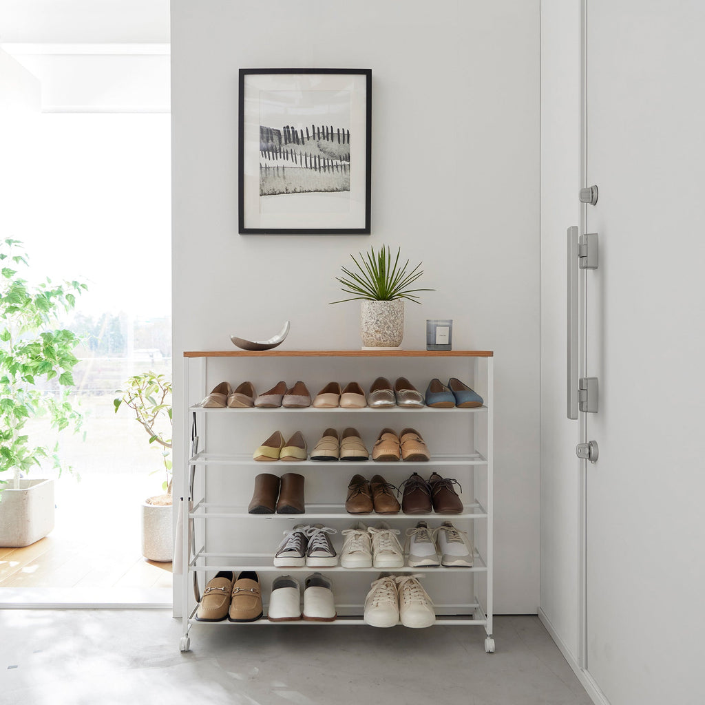 Rolling Five-Tier Shoe Rack (34.25" H)  - Steel + Wood