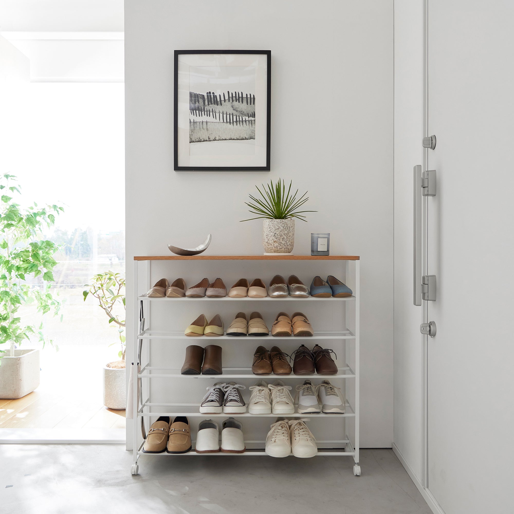Rolling Five-Tier Shoe Rack (34.25" H)  - Steel + Wood